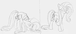 Size: 1413x636 | Tagged: safe, artist:dotkwa, derpibooru import, fluttershy, bird, pegasus, pony, food, gray background, grayscale, horses doing horse things, image, meat, monochrome, png, ponies eating meat, puffy cheeks, simple background, sketch, solo