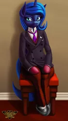 Size: 4320x7680 | Tagged: safe, artist:tsaritsaluna, derpibooru import, princess luna, alicorn, pony, semi-anthro, chair, clothes, female, gloves, image, jacket, looking at you, mare, necktie, pants, png, shoes, sitting, stool, suit, waistcoat