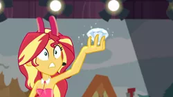 Size: 1280x720 | Tagged: safe, artist:lukasz, edit, edited screencap, screencap, sunset shimmer, equestria girls, equestria girls series, opening night, animal costume, bunny costume, bunny ears, bunny suit, clothes, collar, costume, diamond, director shimmer, female, image, opening night: sunset shimmer, png, soliloquy, solo