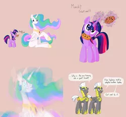 Size: 2302x2137 | Tagged: safe, artist:aragón, derpibooru import, princess celestia, twilight sparkle, pony, unicorn, comic, cookie, cute, daaaaaaaaaaaw, female, filly, filly twilight sparkle, foal, food, image, levitation, magic, missing cutie mark, momlestia, mouth hold, png, royal guard, simple background, surprised, telekinesis, twiabetes, younger