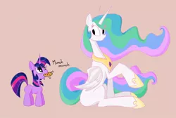 Size: 1151x774 | Tagged: safe, artist:aragón, derpibooru import, princess celestia, twilight sparkle, pony, unicorn, cookie, duo, eating, female, filly, filly twilight sparkle, foal, food, image, jpeg, mare, missing cutie mark, nom, open mouth, simple background, younger