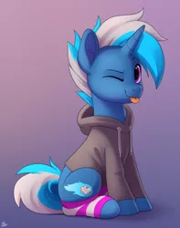 Size: 1500x1900 | Tagged: safe, artist:luminousdazzle, derpibooru import, oc, oc:silver comet, unofficial characters only, pony, unicorn, :p, clothes, ear fluff, full body, gradient background, hoodie, hooves, horn, image, leg warmers, magenta eyes, male, one eye closed, png, signature, sitting, smiling, solo, stallion, tail, three quarter view, tongue out, two toned mane, two toned tail, unicorn oc, wink