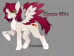 Size: 2604x1960 | Tagged: safe, artist:fernfalls, derpibooru import, oc, unofficial characters only, pegasus, pony, coat markings, colored wings, ear fluff, eyebrows, eyebrows visible through hair, female, gray background, high res, hoof fluff, image, leg fluff, mare, open mouth, pegasus oc, png, simple background, socks (coat marking), solo, spread wings, standing, tail, wings