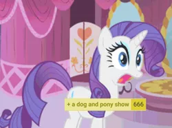Size: 1167x866 | Tagged: safe, derpibooru import, rarity, pony, unicorn, derpibooru, a dog and pony show, 666, carousel boutique, eyeshadow, horn, image, makeup, meta, obligatory pony, open mouth, png, purple mane, surprised, tags, text
