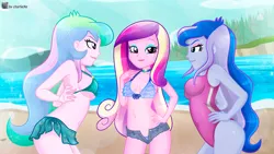 Size: 1920x1080 | Tagged: suggestive, alternate version, artist:charliexe, derpibooru import, princess cadance, princess celestia, princess luna, equestria girls, armpits, beach, belly button, bikini, breasts, clothes, female, females only, image, jpeg, looking at each other, looking at someone, ocean, one-piece swimsuit, shorts, sideboob, swimsuit, trio, trio female, unzipped, water