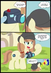Size: 2039x2894 | Tagged: safe, artist:kunoichipikachu, derpibooru import, oc, oc:cuteamena, oc:electric blue, unnamed oc, pony, camera, clothes, comic, commission, electricute, hat, image, paparazzi, png, ponyville, scheming, skirt, thought bubble