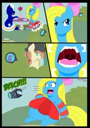 Size: 750x1065 | Tagged: suggestive, artist:kunoichipikachu, derpibooru import, oc, oc:cuteamena, oc:electric blue, unnamed oc, pony, angry, belly, bow, burp, camera, clothes, comic, commission, date, electricute, hat, hiding, image, jpeg, mawshot, non-fatal vore, open mouth, paparazzi, scheming, skirt, table, uvula, vore, voyeurism
