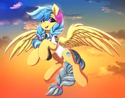 Size: 2275x1786 | Tagged: safe, artist:ask-colorsound, derpibooru import, oc, oc:jeppesen, unofficial characters only, pegasus, pony, braid, braided tail, clothes, cloud, commission, cute, cutie mark, feather, female, flight suit, flower, flower in hair, image, looking at you, mare, multicolored hair, necktie, pegasus oc, pilot, png, purple eyes, sky, solo, spread wings, sunset, tail, twin braids, uniform, wings, ych result, yellow fur, your character here