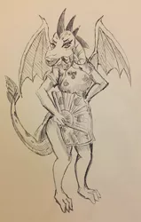 Size: 2333x3659 | Tagged: safe, artist:pikapika212, derpibooru import, princess ember, dragon, cheongsam, clothes, dragoness, dress, fan, female, hand on hip, image, jpeg, monochrome, smiling, solo, spread wings, traditional art, wings