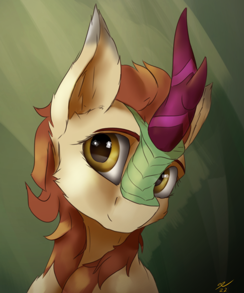 Size: 1800x2160 | Tagged: safe, artist:tenebrisnoctus, derpibooru import, autumn blaze, kirin, bust, female, image, mare, png, portrait, signature, simple background, smiling, solo