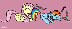 Size: 2919x1206 | Tagged: safe, artist:purblehoers, derpibooru import, fluttershy, rainbow dash, pegasus, pony, cider, cute, drunk, drunker dash, female, happy, image, mare, passed out, png, simple background, sleeping, smiling, sniffing