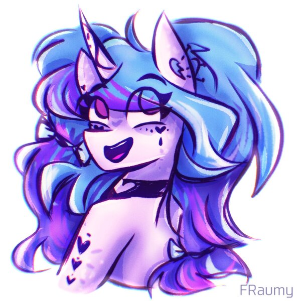 Size: 1500x1500 | Tagged: safe, artist:fraumflug, derpibooru import, part of a set, izzy moonbow, pony, unicorn, bust, choker, ear piercing, eye clipping through hair, female, g5, image, jpeg, makeup, mare, open mouth, open smile, piercing, simple background, smiling, solo, white background