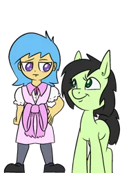 Size: 1000x1414 | Tagged: safe, artist:happy harvey, derpibooru import, oc, oc:anonfilly, oc:little league, unofficial characters only, earth pony, human, pony, equestria girls, bow, clothes, colored pupils, drawn on phone, dress, ear fluff, female, filly, foal, humanized, image, looking at each other, looking at someone, looking down, looking sideways, looking up, pink dress, png, shoes, simple background, smiling, socks, stockings, thigh highs, transparent background, unamused