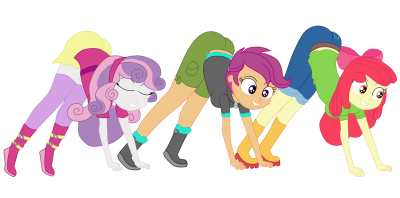 Size: 6951x3443 | Tagged: suggestive, alternate version, artist:gmaplay, derpibooru import, apple bloom, scootaloo, sweetie belle, equestria girls, ass up, bloombutt, butt, cutie mark crusaders, face down ass up, image, png, scootabutt, solo, sweetie butt