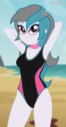 Size: 4714x9055 | Tagged: suggestive, artist:alandssparkle, derpibooru import, oc, oc:silver dawn, equestria girls, arm behind head, beach, breasts, choker, clothes, derpibooru exclusive, female, glasses, hairpin, image, looking at you, one-piece swimsuit, png, smiling, smiling at you, solo, solo female, swimsuit