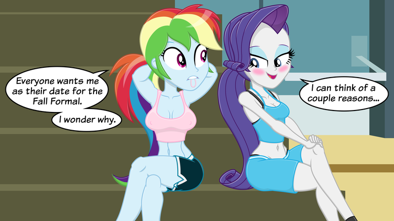 Size: 3840x2160 | Tagged: suggestive, artist:roseluck, derpibooru import, rainbow dash, rarity, equestria girls, friendship games, abs, alternate hairstyle, arm behind head, bedroom eyes, belly button, big breasts, bleachers, blushing, bra, braless, breasts, busty rainbow dash, cleavage, clothes, collarbone, crossed legs, dialogue, door, duo, duo female, equestria girls style, erect nipples, eyes on the prize, eyeshadow, female, gym, gymnasium, hands on knees, high res, image, indoors, inkscape, lesbian, looking at someone, looking at something, looking down, makeup, midriff, mouth hold, nipple outline, one sided shipping, open mouth, open smile, panties, png, ponytail, raridash, scrunchie, sexually oblivious, shading, shipping, shorts, show accurate, sitting, smiling, socks, speech bubble, sports bra, sports shorts, tanktop, underwear, vector, wall of tags