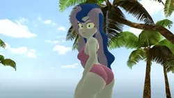 Size: 1920x1080 | Tagged: suggestive, artist:mr.uberrebu25, derpibooru import, princess luna, equestria girls, 3d, ass, beach, beach babe, breasts, busty princess luna, butt, clothes, image, looking back, moonbutt, one-piece swimsuit, open-back swimsuit, palm tree, png, purple swimsuit, solo, surprised, swimsuit, tree, vice principal luna