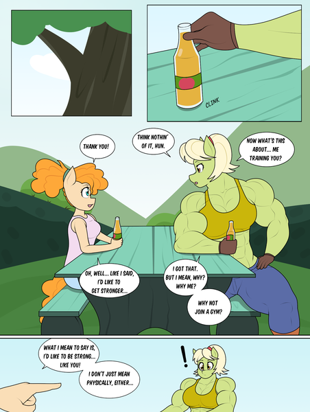 Size: 1495x1985 | Tagged: safe, artist:matchstickman, derpibooru import, granny smith, pear butter, anthro, earth pony, comic:the other side, abs, bench, biceps, bottle, breasts, busty granny smith, busty pear butter, cider, clothes, comic, deltoids, dialogue, drink, duo, exclamation point, female, gloves, granny smash, image, muscles, muscular female, png, pointing, shirt, sleeveless, sleeveless shirt, speech bubble, table, teenager, young granny smith, younger