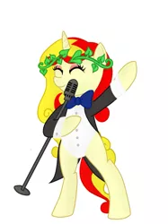 Size: 715x956 | Tagged: artist needed, safe, derpibooru import, oc, oc:miss libussa, unofficial characters only, pony, unicorn, bipedal, bowtie, clothes, czequestria, female, image, mare, mascot, microphone, png, raised hoof, solo, suit