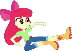 Size: 3000x2126 | Tagged: safe, artist:jebens1, artist:therandomone95, derpibooru import, apple bloom, equestria girls, apple bloom's bow, belt, boots, bow, clothes, hair bow, image, jeans, kicking, martial arts, pants, png, shoes, simple background, smiling, solo