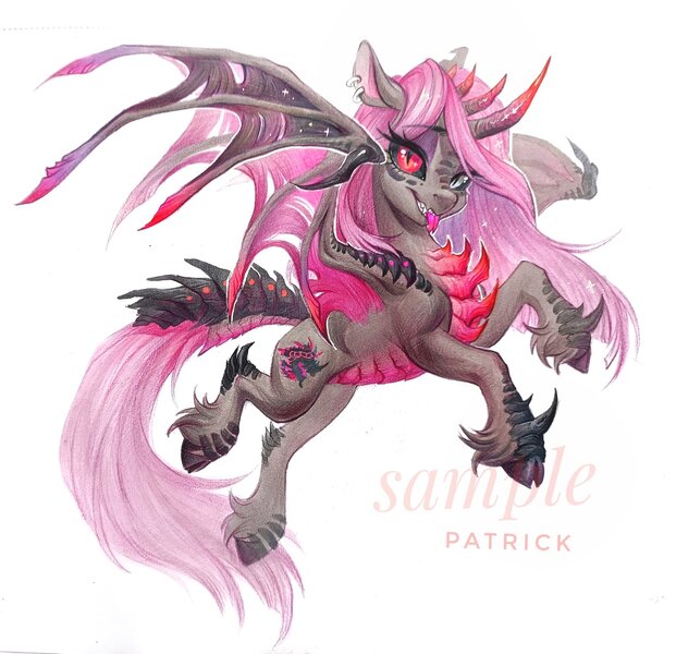 Size: 2048x1978 | Tagged: safe, artist:paipaishuaige, derpibooru import, oc, unofficial characters only, dracony, dragon, hybrid, black sclera, grin, horns, image, jpeg, looking at you, raspberry, sharp teeth, smiling, solo, spread wings, teeth, tongue out, traditional art, webbed wings, wings