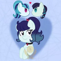 Size: 1080x1080 | Tagged: safe, artist:alkane.adopts, derpibooru import, coloratura, sonata dusk, oc, oc:showtime, ponified, pony, abstract background, choker, crack ship offspring, equestria girls ponified, female, floating heart, gem, heart, image, jpeg, lesbian, looking at you, magical lesbian spawn, obtrusive watermark, offspring, parent:coloratura, parent:rarity, parent:sonata dusk, rara, shipping, siren gem, watermark