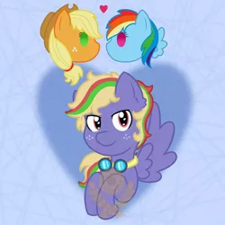 Size: 1080x1080 | Tagged: safe, artist:alkane.adopts, derpibooru import, applejack, rainbow dash, oc, oc:zap rockit, earth pony, pegasus, pony, abstract background, appledash, female, floating heart, freckles, goggles, heart, image, jpeg, lesbian, looking at you, magical lesbian spawn, obtrusive watermark, offspring, parent:applejack, parent:rainbow dash, parents:appledash, shipping, spread wings, watermark, wings