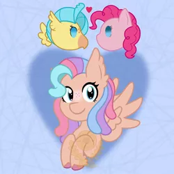 Size: 1080x1080 | Tagged: safe, artist:alkane.adopts, derpibooru import, pinkie pie, princess skystar, oc, oc:sweet tide, classical hippogriff, earth pony, hippogriff, hybrid, pony, my little pony: the movie, abstract background, female, floating heart, freckles, heart, image, interspecies offspring, jpeg, lesbian, looking at you, magical lesbian spawn, obtrusive watermark, offspring, parent:pinkie pie, parent:princess skystar, parents:skypie, shipping, skypie, spread wings, watermark, wings