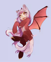 Size: 1689x2048 | Tagged: safe, artist:fedos, derpibooru import, oc, unofficial characters only, demon, demon pony, original species, pony, flying, horns, image, jpeg, muzzle, open mouth, slit pupils, smiling, solo, spread wings, webbed wings, wings