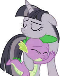 Size: 3168x4000 | Tagged: safe, anonymous artist, artist:dasprid, derpibooru import, edit, spike, twilight sparkle, twilight sparkle (alicorn), alicorn, dragon, pony, castle sweet castle, depressed, discorded, discorded twilight, duo, eyes closed, female, frown, high res, hug, image, male, mare, png, sad, simple background, sorrow, transparent background, vector