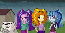 Size: 5618x2880 | Tagged: safe, artist:tjpones, derpibooru import, adagio dazzle, aria blaze, sonata dusk, siren, equestria girls, bronybait, clothes, female, frown, hand on hip, homeless, image, looking at you, png, rain, sign, the dazzlings, torn clothes, trio, wet