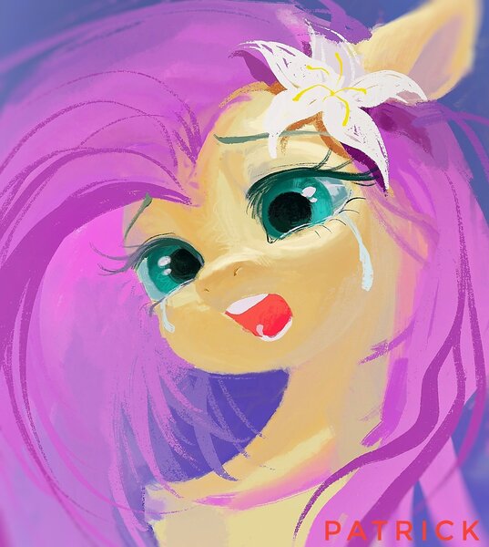 Size: 1620x1809 | Tagged: safe, artist:paipaishuaige, derpibooru import, fluttershy, pegasus, pony, crying, flower, flower in hair, image, jpeg, lily (flower), open mouth, sad, solo