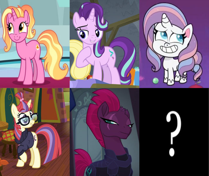 Size: 1905x1606 | Tagged: safe, derpibooru import, edit, edited screencap, screencap, luster dawn, moondancer, potion nova, starlight glimmer, tempest shadow, pony, unicorn, horse play, my little pony: pony life, my little pony: the movie, pony surfin' safari, the last problem, the point of no return, spoiler:pony life s01e14, broken horn, clothes, cropped, female, glasses, horn, image, mare, png, question mark, scar, sparkle six, sweater