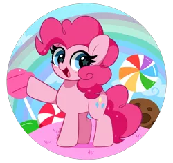 Size: 4984x4712 | Tagged: safe, artist:kittyrosie, derpibooru import, pinkie pie, earth pony, pony, candy, cookie, food, image, lollipop, open mouth, png, rainbow, simple background, transparent background