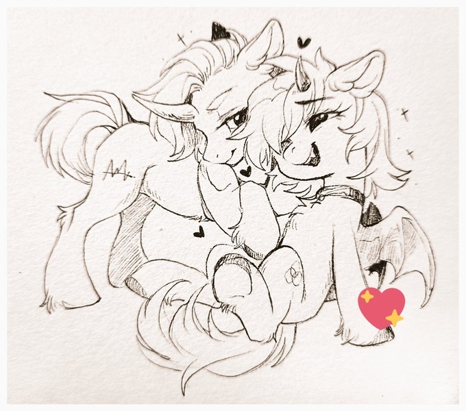 Size: 1024x904 | Tagged: safe, artist:paipaishuaige, derpibooru import, oc, unofficial characters only, bat pony, pony, unicorn, chest fluff, choker, cuddling, curved horn, heart, horn, image, jpeg, lidded eyes, smiling, traditional art