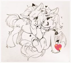 Size: 1024x904 | Tagged: safe, artist:paipaishuaige, derpibooru import, oc, unofficial characters only, bat pony, pony, unicorn, chest fluff, choker, cuddling, curved horn, heart, horn, image, jpeg, lidded eyes, smiling, traditional art