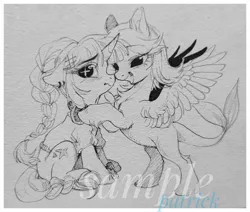 Size: 2048x1734 | Tagged: safe, artist:paipaishuaige, derpibooru import, oc, unofficial characters only, pegasus, pony, unicorn, blushing, chest fluff, clothes, floppy ears, hoodie, image, jpeg, lidded eyes, nervous, spread wings, traditional art, wavy mouth, wings