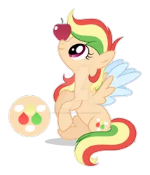 Size: 1280x1498 | Tagged: safe, artist:auroranovasentry, derpibooru import, oc, oc:zap cloud, pegasus, pony, apple, colored wings, deviantart watermark, female, food, image, magical lesbian spawn, mare, obtrusive watermark, offspring, parent:applejack, parent:rainbow dash, parents:appledash, png, simple background, solo, transparent background, two toned wings, watermark, wings