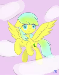 Size: 752x960 | Tagged: safe, artist:陌路, derpibooru import, oc, oc:nature guard, pegasus, cloud, flying, image, jpeg, smiling