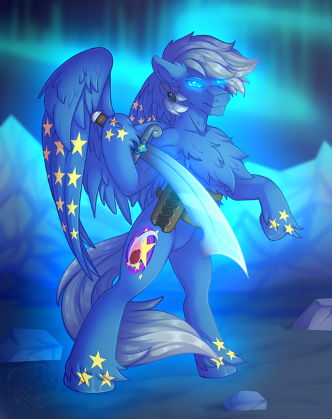 Size: 1809x2281 | Tagged: safe, artist:fkk, derpibooru import, oc, oc:sky star, unofficial characters only, pegasus, pony, bipedal, commission, glow, glowing eyes, image, male, males only, png, solo, solo male, stallion, sword, weapon, wings