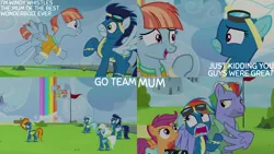 Size: 1280x720 | Tagged: safe, derpibooru import, edit, edited screencap, editor:quoterific, screencap, bow hothoof, rainbow dash, scootaloo, soarin', spitfire, windy whistles, pegasus, pony, parental glideance, season 7, bag, camera, clothes, female, filly, flying, foal, goggles, image, male, mare, open mouth, open smile, png, saddle bag, smiling, spread wings, stallion, uniform, wings, wonderbolts uniform
