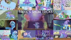 Size: 1280x721 | Tagged: safe, derpibooru import, edit, edited screencap, editor:quoterific, screencap, applejack, starlight glimmer, trixie, earth pony, pegasus, pony, unicorn, a horse shoe-in, boast busters, no second prances, road to friendship, season 1, season 6, season 7, season 8, season 9, to change a changeling, to where and back again, uncommon bond, spoiler:s08, spoiler:s09, ^^, applejack's hat, bipedal, cape, chalkboard, clothes, cowboy hat, cute, diatrixes, eyes closed, female, fireworks, flower, grin, hat, image, magic, male, mare, png, school of friendship, smiling, smoke, stallion, telekinesis, trixie's cape, trixie's hat, trixie's wagon, wagon