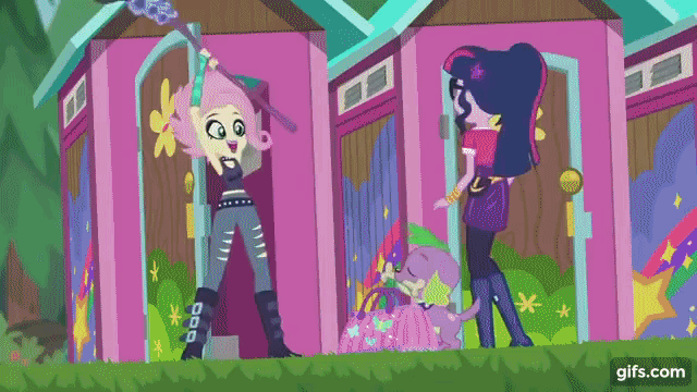 Size: 640x360 | Tagged: safe, derpibooru import, screencap, fluttershy, sci-twi, spike, spike the regular dog, twilight sparkle, dog, equestria girls, equestria girls series, the road less scheduled, the road less scheduled: fluttershy, spoiler:eqg series (season 2), animated, blinking, female, flutterpunk, gif, gifs.com, glasses, image, male, mouth hold, music festival outfit, open mouth, open smile, ponytail, smiling