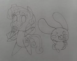 Size: 1280x1018 | Tagged: safe, artist:candycicada, derpibooru import, sweetie belle, pony, unicorn, cinnamoroll, crossover, female, image, jpeg, male, microphone, sanrio, taeko kawata, traditional art, voice actor joke