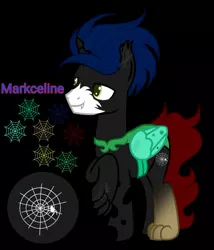 Size: 1007x1175 | Tagged: safe, artist:teonnakatztkgs, derpibooru import, oc, unofficial characters only, changeling, hybrid, base used, black background, changeling oc, image, jpeg, male, raised hoof, reference sheet, simple background, smiling, solo