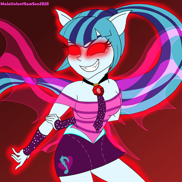 Size: 4409x4409 | Tagged: safe, alternate version, artist:malevolentsamson, derpibooru import, sonata dusk, equestria girls, absurd resolution, arm behind back, evil grin, fangs, female, gem, glow, glowing eyes, grin, image, png, pony ears, red eyes, siren gem, smiling, solo, wings