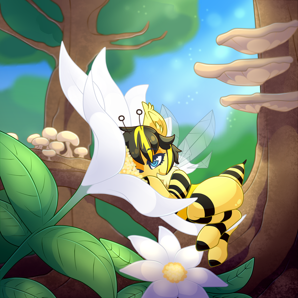 Size: 2000x2000 | Tagged: safe, artist:star-theft, derpibooru import, oc, unofficial characters only, bee pony, original species, flower, image, mushroom, png, solo, tree