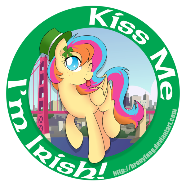 Size: 1000x1000 | Tagged: safe, artist:bronyfang, derpibooru import, oc, oc:golden gates, unofficial characters only, pegasus, pony, ;p, babscon, babscon mascots, clover, female, four leaf clover, golden gate bridge, hat, image, irish, kiss me, mare, no pupils, one eye closed, png, simple background, solo, tongue out, transparent background