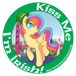 Size: 1000x1000 | Tagged: safe, artist:bronyfang, derpibooru import, oc, oc:golden gates, unofficial characters only, pegasus, pony, ;p, babscon, babscon mascots, clover, female, four leaf clover, golden gate bridge, hat, image, irish, kiss me, mare, no pupils, one eye closed, png, simple background, solo, tongue out, transparent background