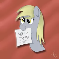 Size: 1200x1200 | Tagged: safe, artist:habiepon3, derpibooru import, derpy hooves, pegasus, pony, bust, cute, female, image, jpeg, mare, mouth hold, paper, simple background, smiling, solo